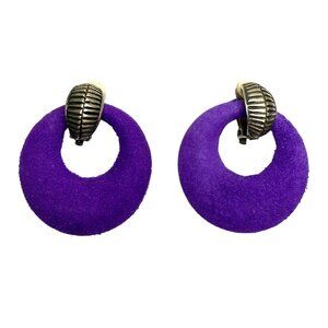 Royal Purple Silver Suede Clip on Hoop Earrings‎
